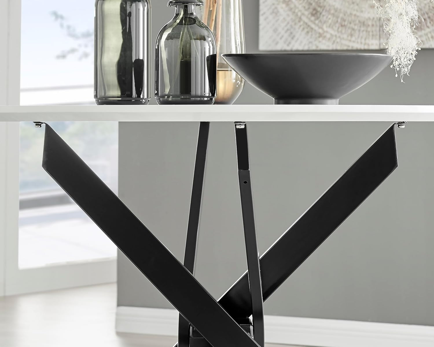 Round 100cm Marble Dining Table Gloss White Top + Black Metal Legs