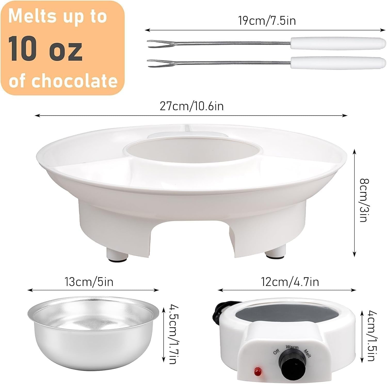 Electric Chocolate Fondue Pot Set Melting Maker 9oz Bowl White