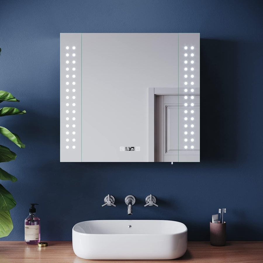 LED Bathroom Mirror Cabinet 650x600mm Anti-Fog with Shaver Socket & Clock