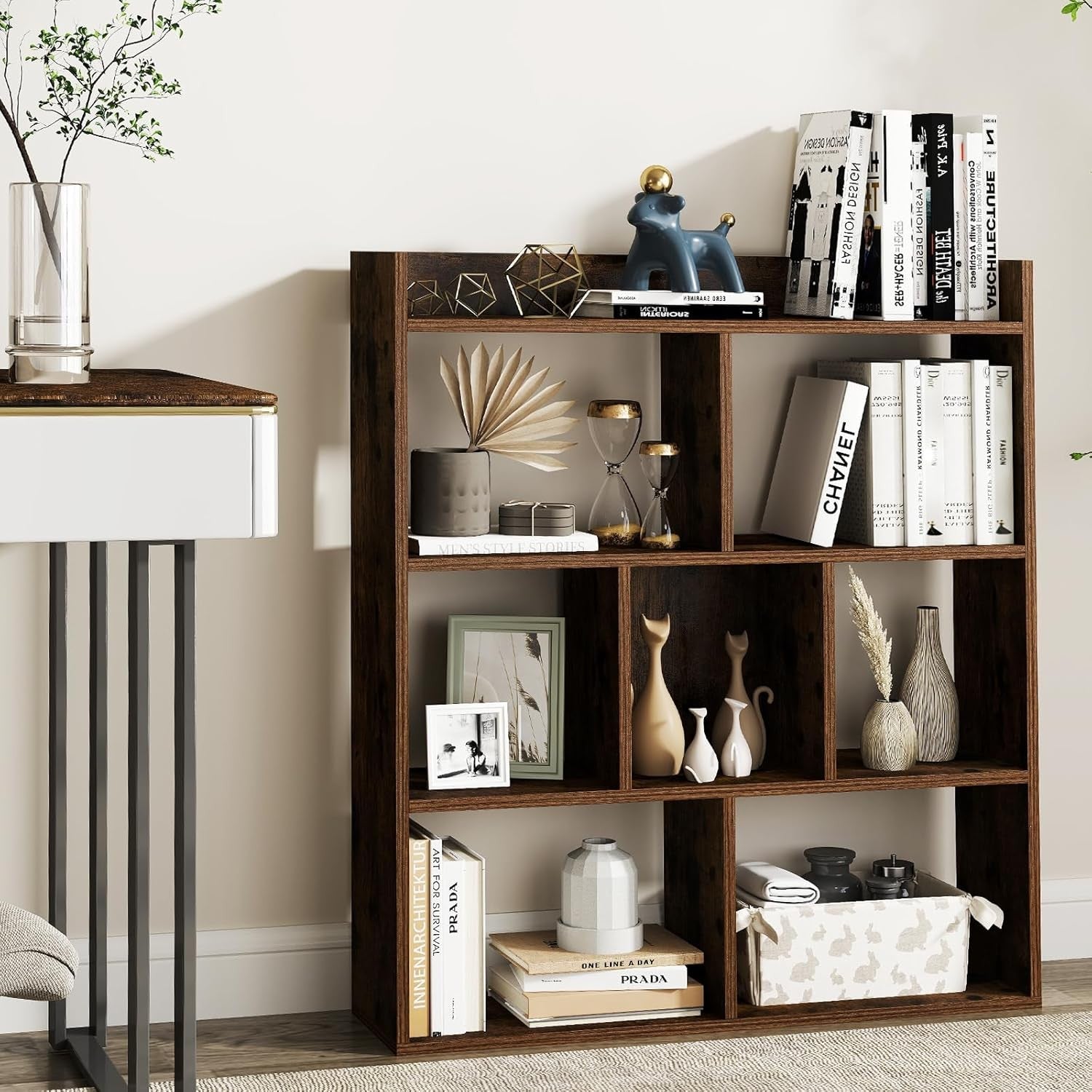 Coffee Brown 7-Cube Bookcase Tall Freestanding Storage Display Shelf 80×20×90cm
