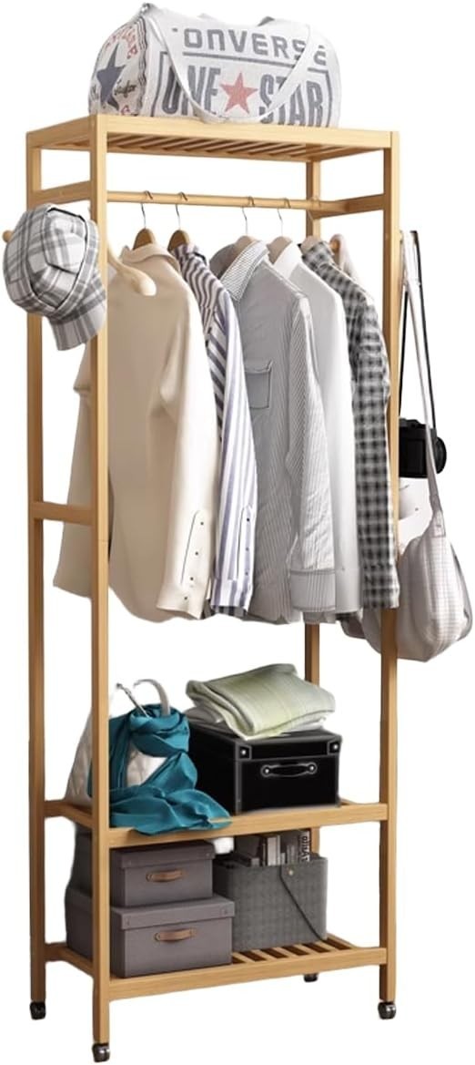 Bamboo Clothes Rack Portable Garment Rail with Wheels & Shoe Storage for Bedroom