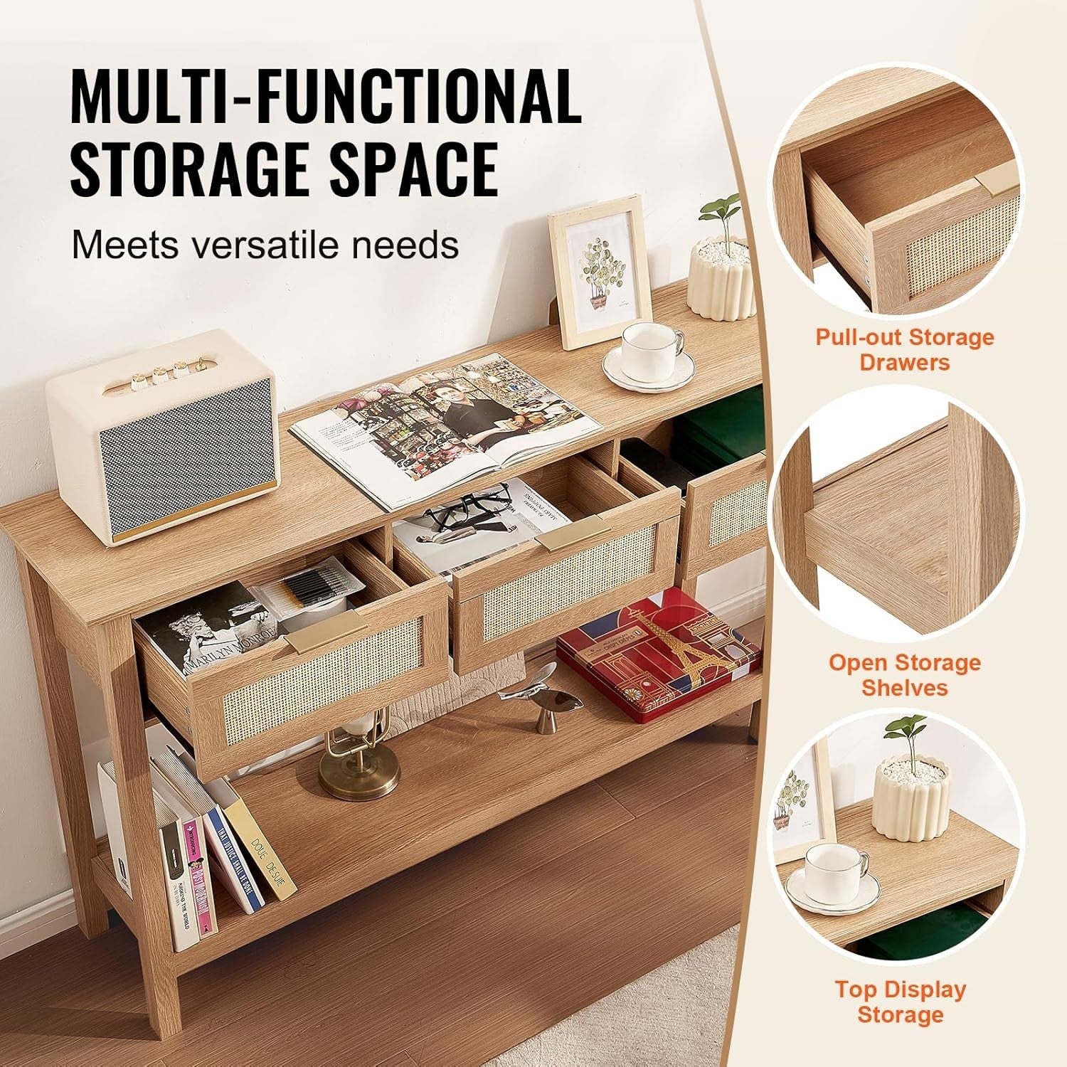 Natural Rattan Console Table with 3 Drawers – Spacious Entryway Storage