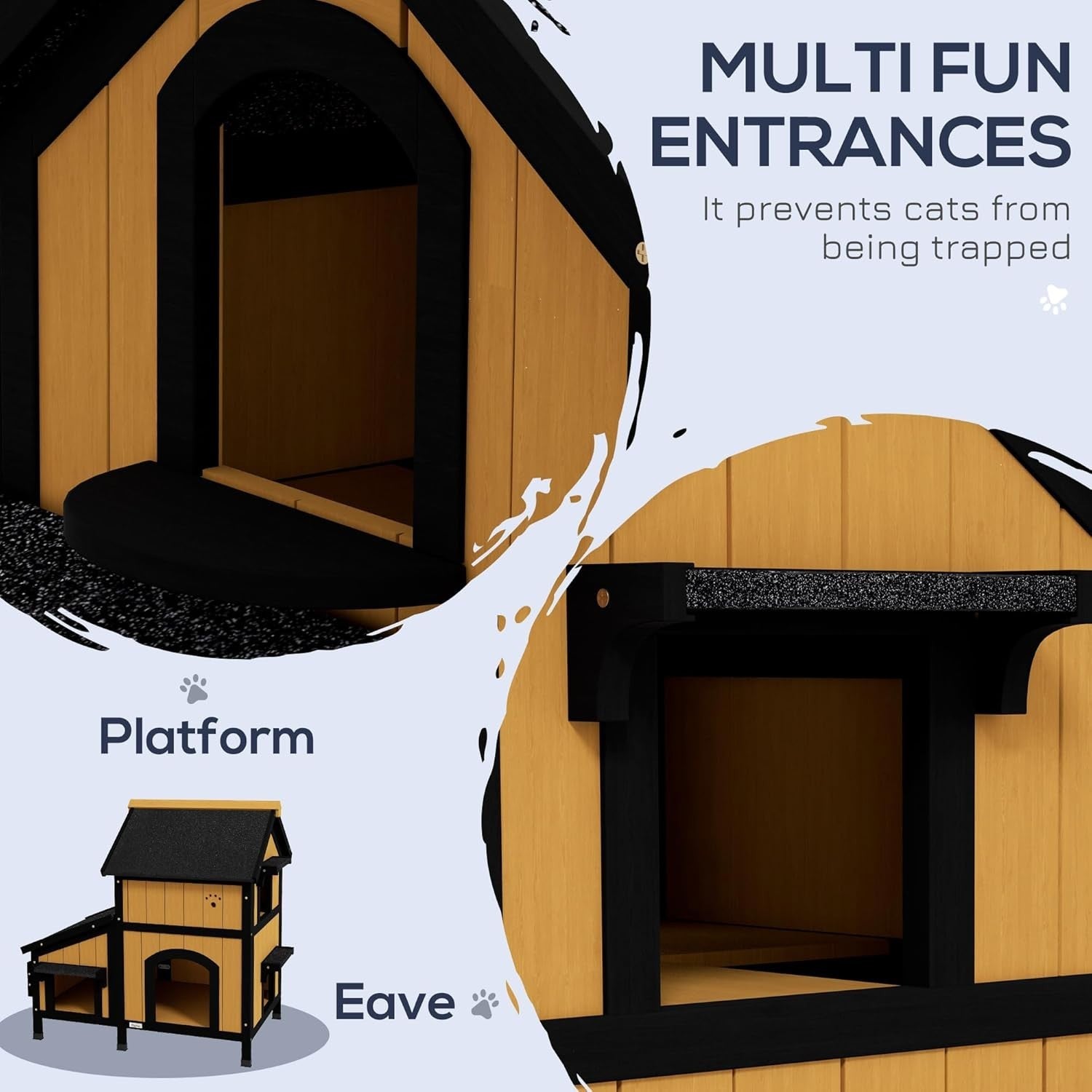 Outdoor Wooden Cat House with Flower Pot, Water-Resistant Roof & Multiple Entran