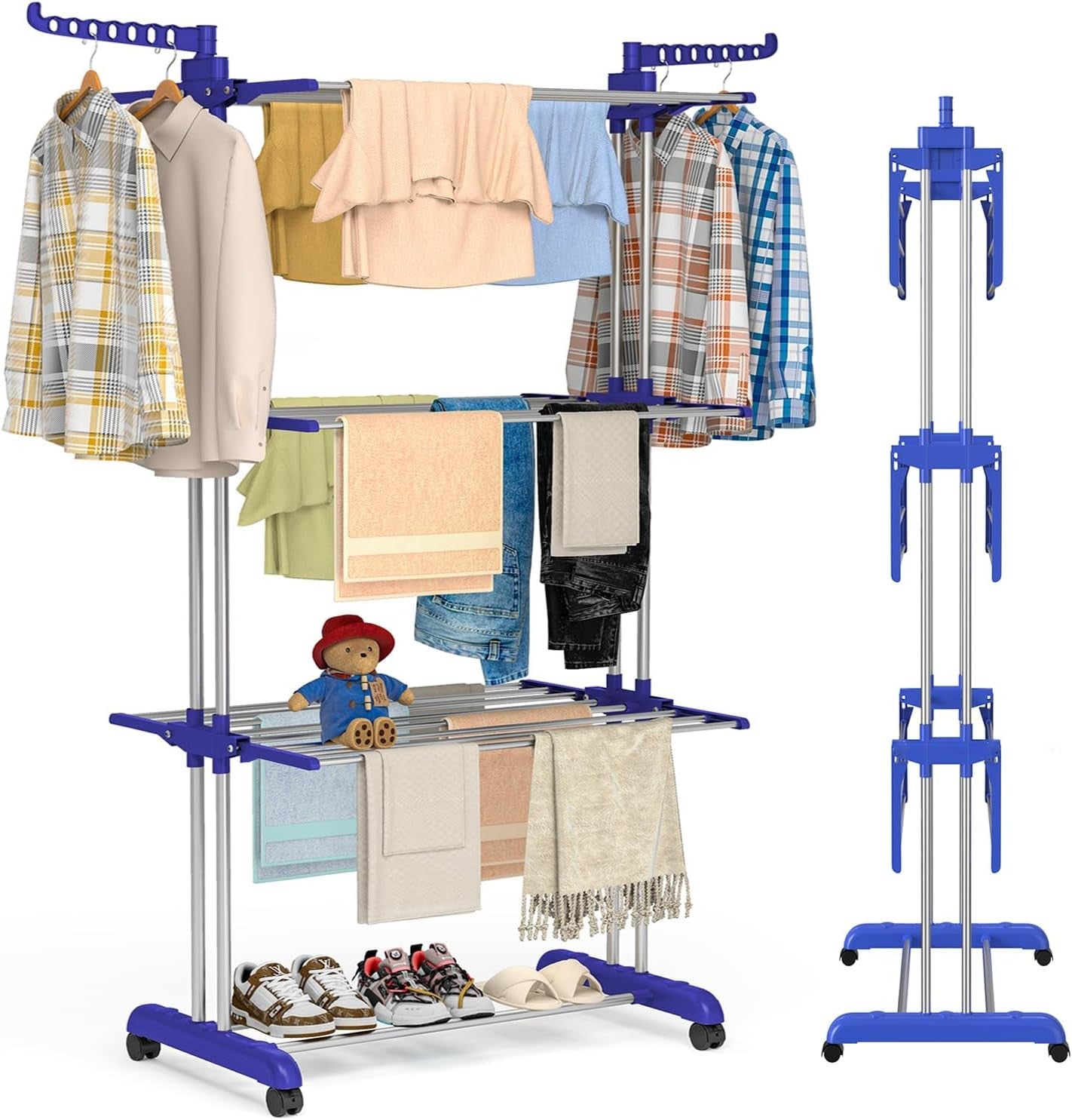 4 Tier Clothes Airer Folding Laundry Drying Rack With Wheels Stainless Steel
