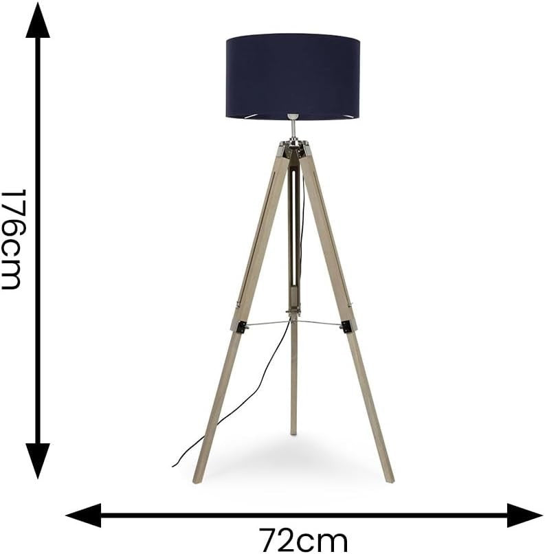 Modern Tripod Floor Lamp with Navy Drum Shade, Wood & Chrome, 154cm