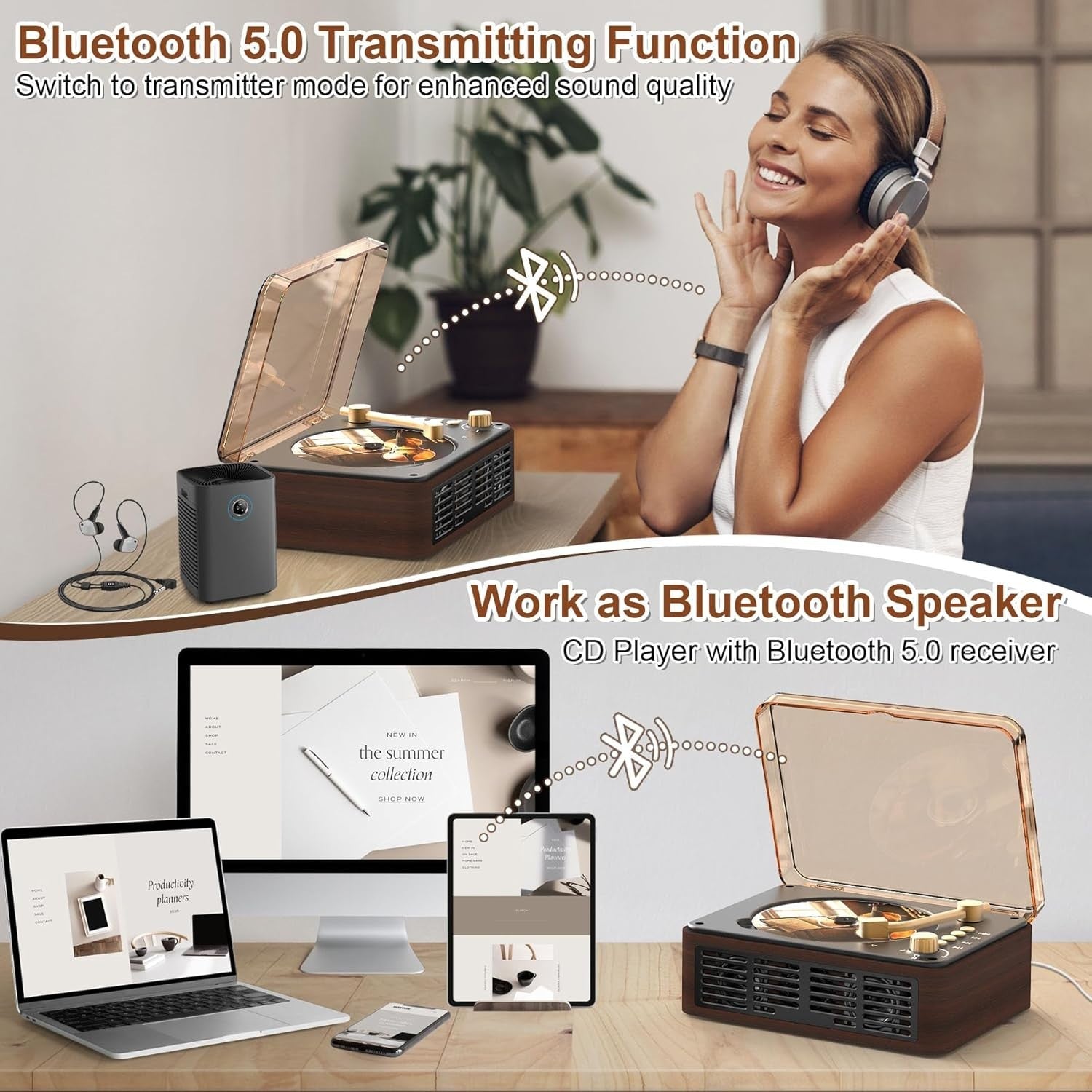 Portable Bluetooth CD Player Speakers FM Radio USB AUX Remote Brown