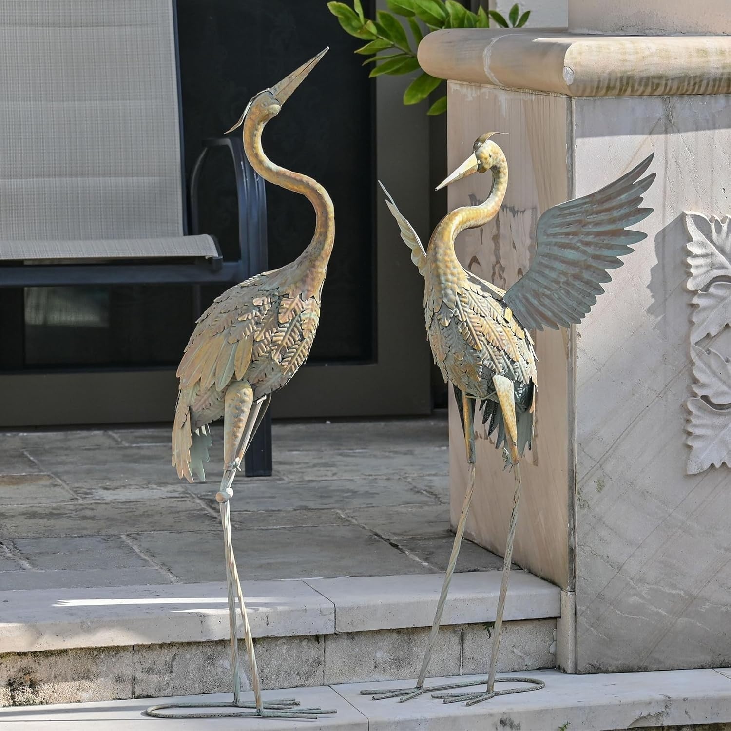 Metal Crane Garden Statues Pair 26in Gold Heron Sculptures Outdoor Yard Decor