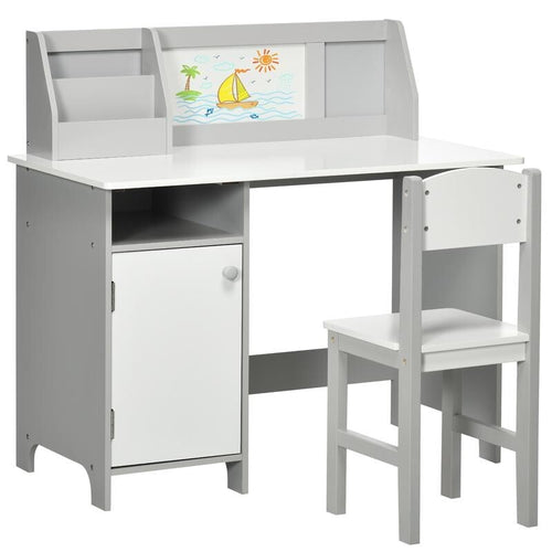 Kids Desk & Chair Set White Grey w/ Storage & Whiteboard Table Ages 5–8
