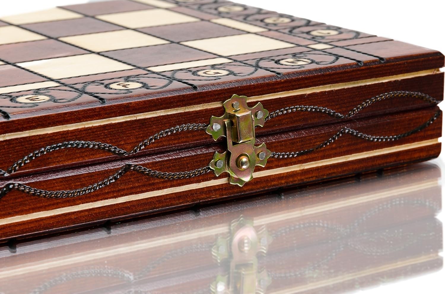 Wooden Folding Chess Board 41cm Handcrafted Burnt Design Luxury Portable Set