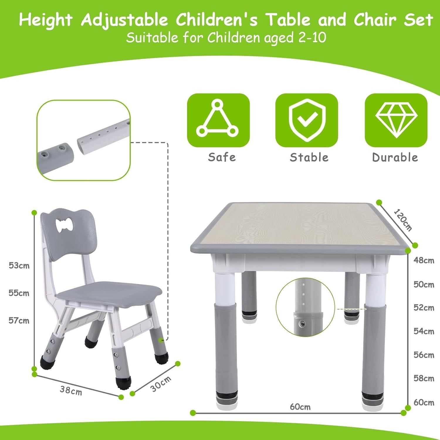Adjustable Kids Table & 6 Chairs Set – Safe, Ergonomic, Large 120x60cm Surface