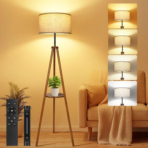 Wooden Tripod Floor Lamp Touch Remote Dimmable Shelf Linen Shade