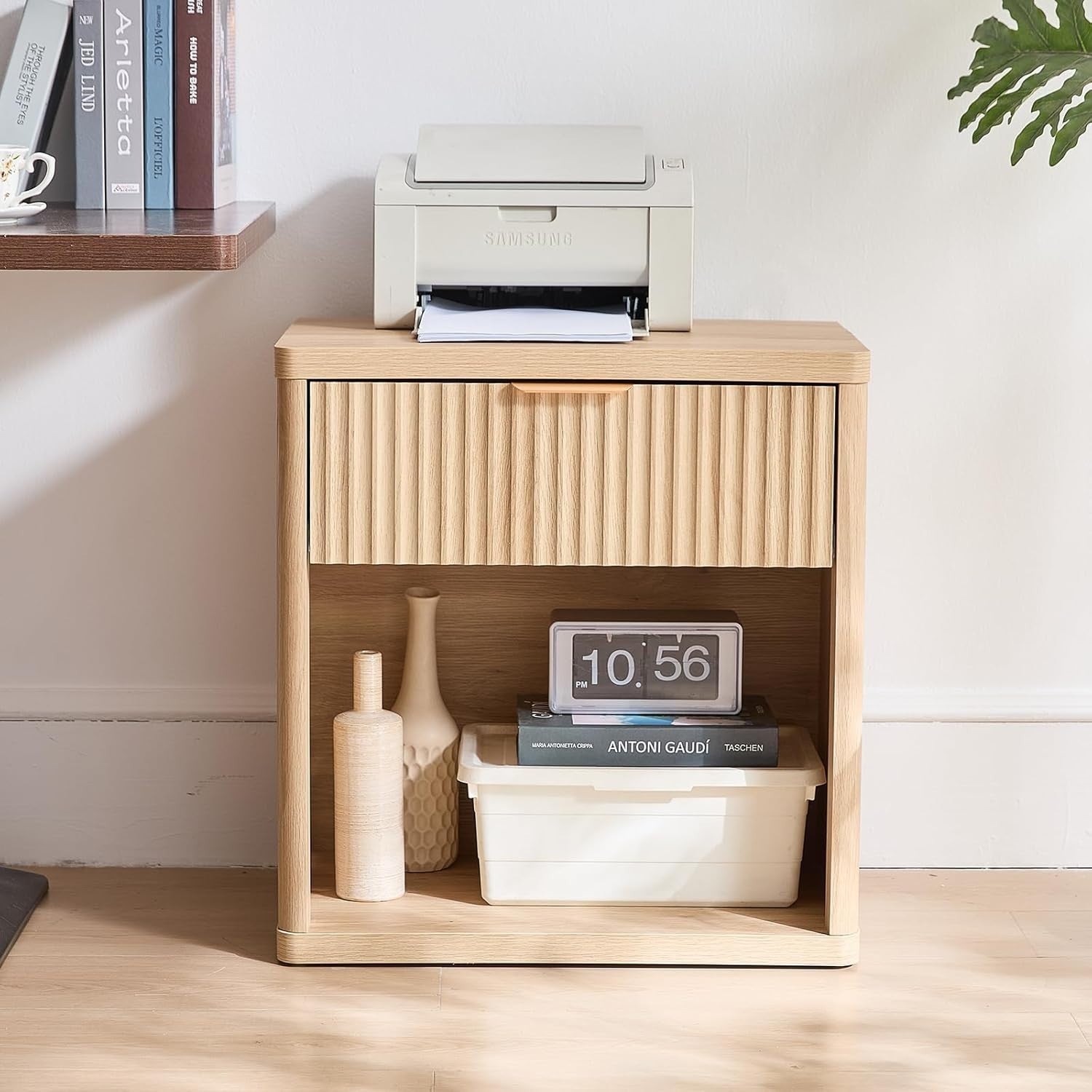 Natural Fluted Bedside Table with Drawer Modern Wood Nightstand Storage Unit