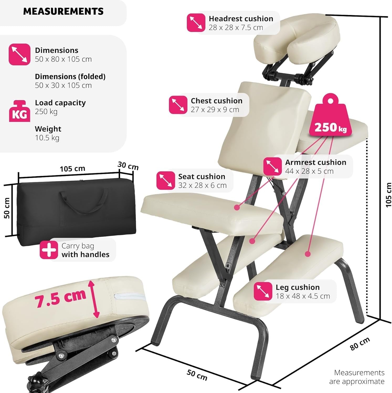 Adjustable Massage Chair Extra Thick Padding Foldable Portable 200kg Beige