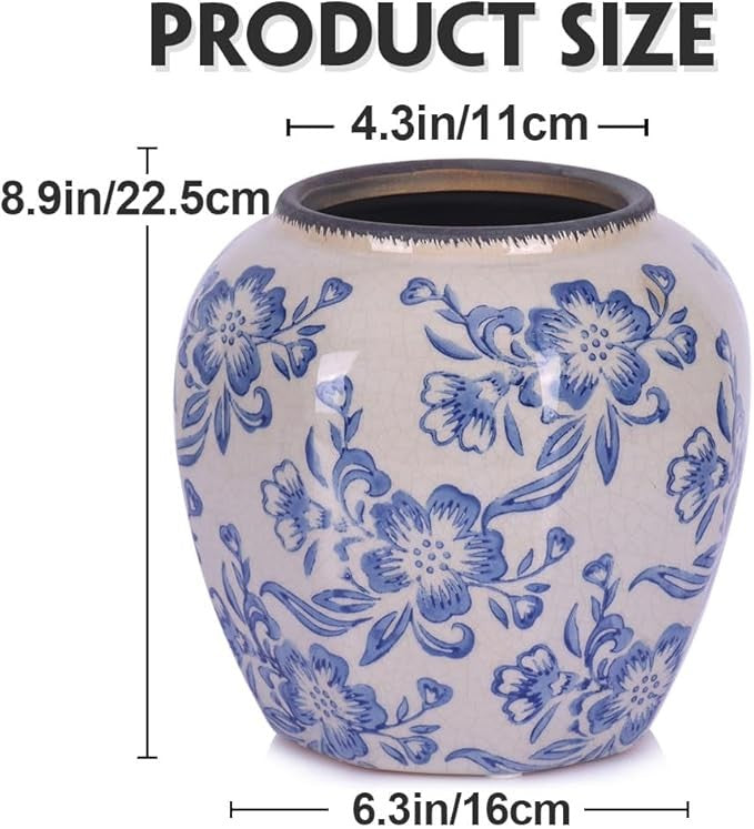 Blue White Floral Ceramic Vase Vintage Chinoiserie Table Centrepiece 23cm