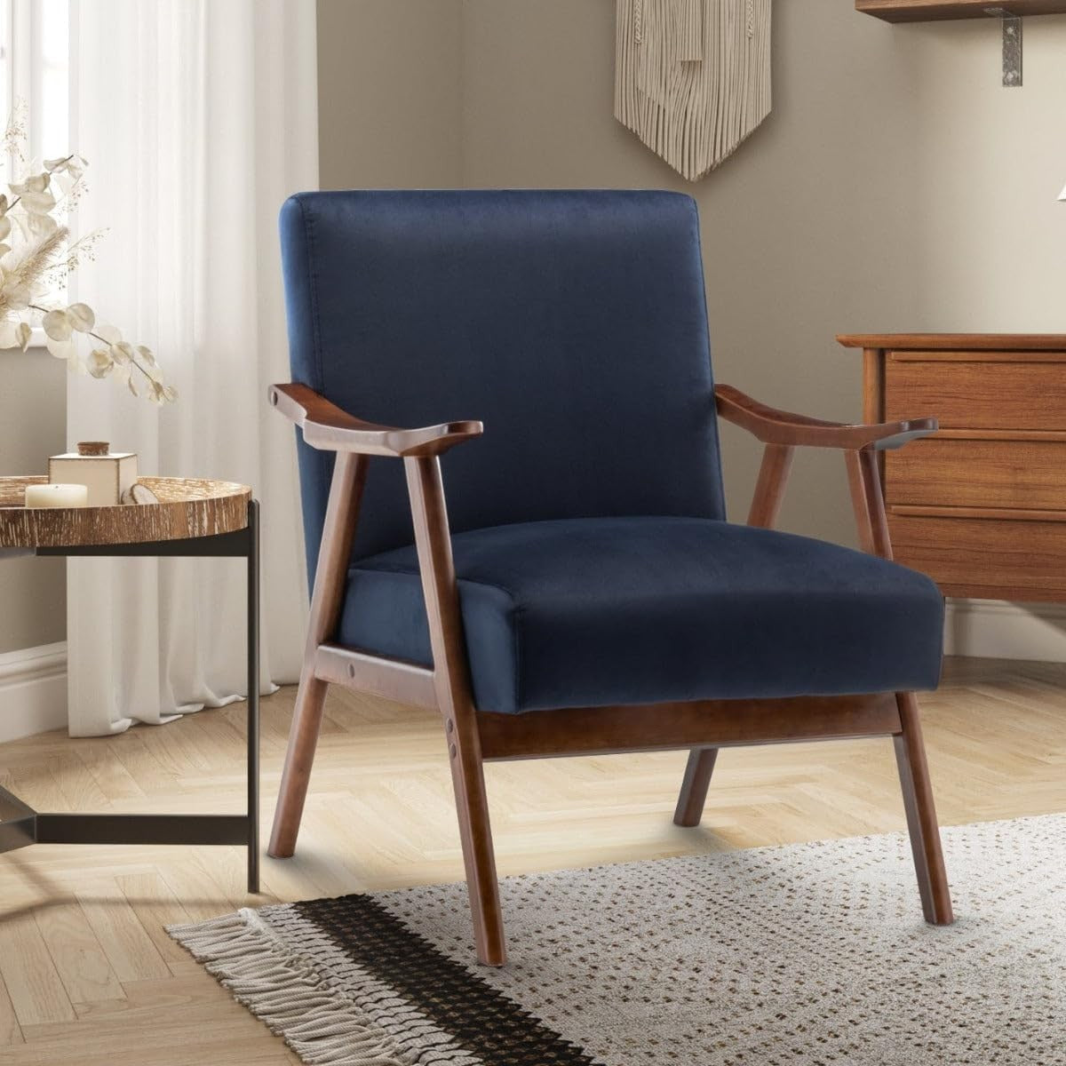 Navy Blue Velvet Armchair Mid Century Modern Accent Chair Wood