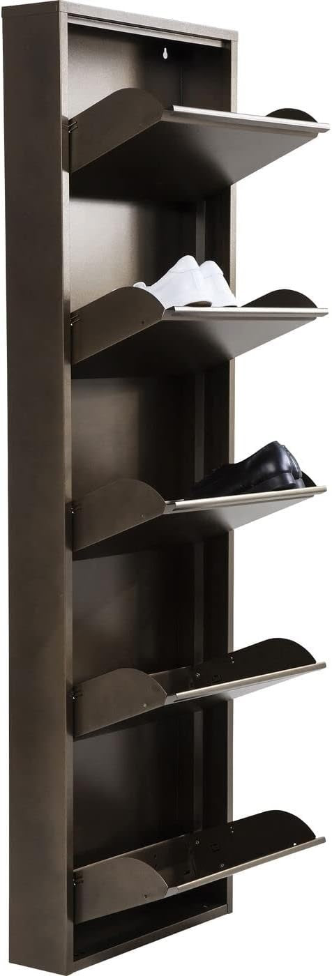 Slim 5-Drawer Shoe Cabinet Bronze– Space-Saving Metal Tilt Rack 170x50x15cm