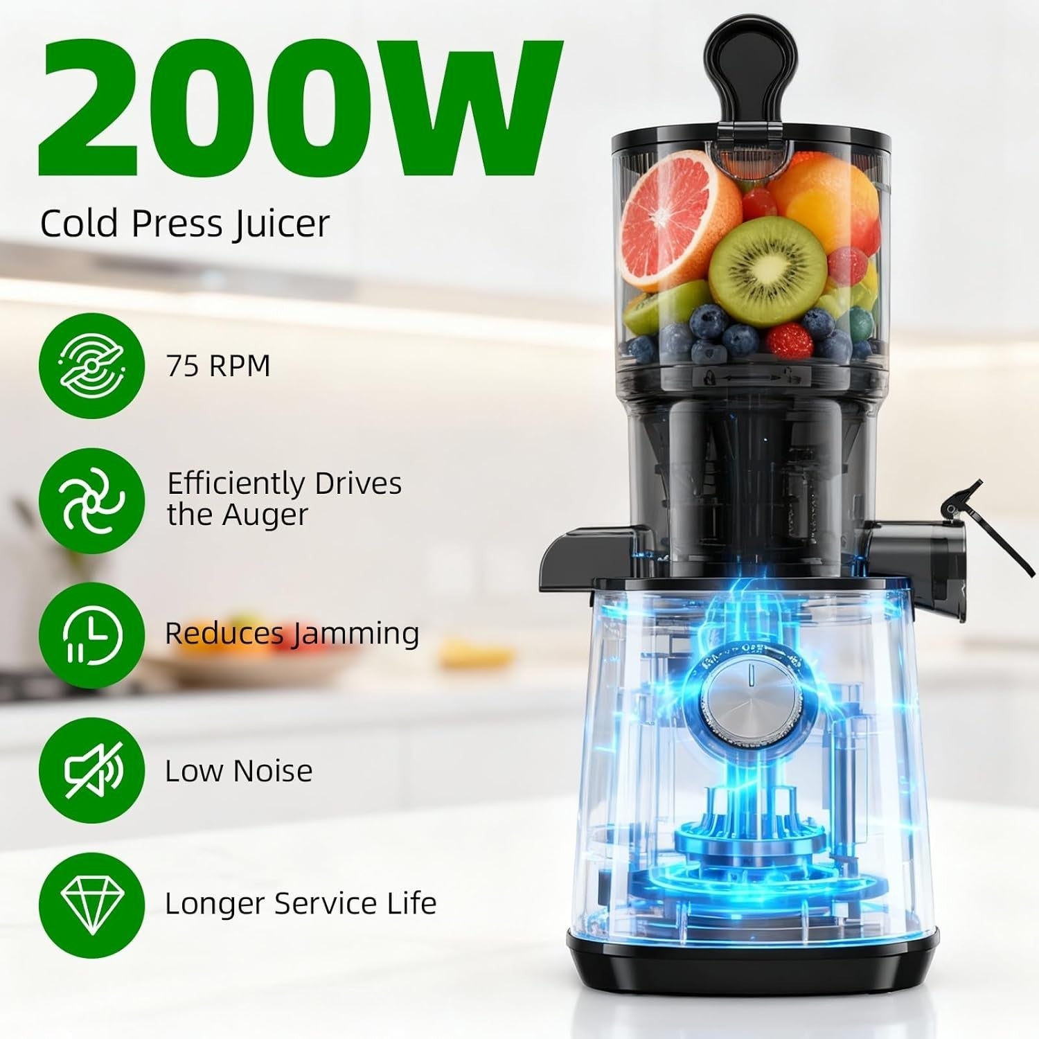 Cold Press Juicer 110mm Wide Chute Whole Fruit Slow Self Feeding Easy Clean