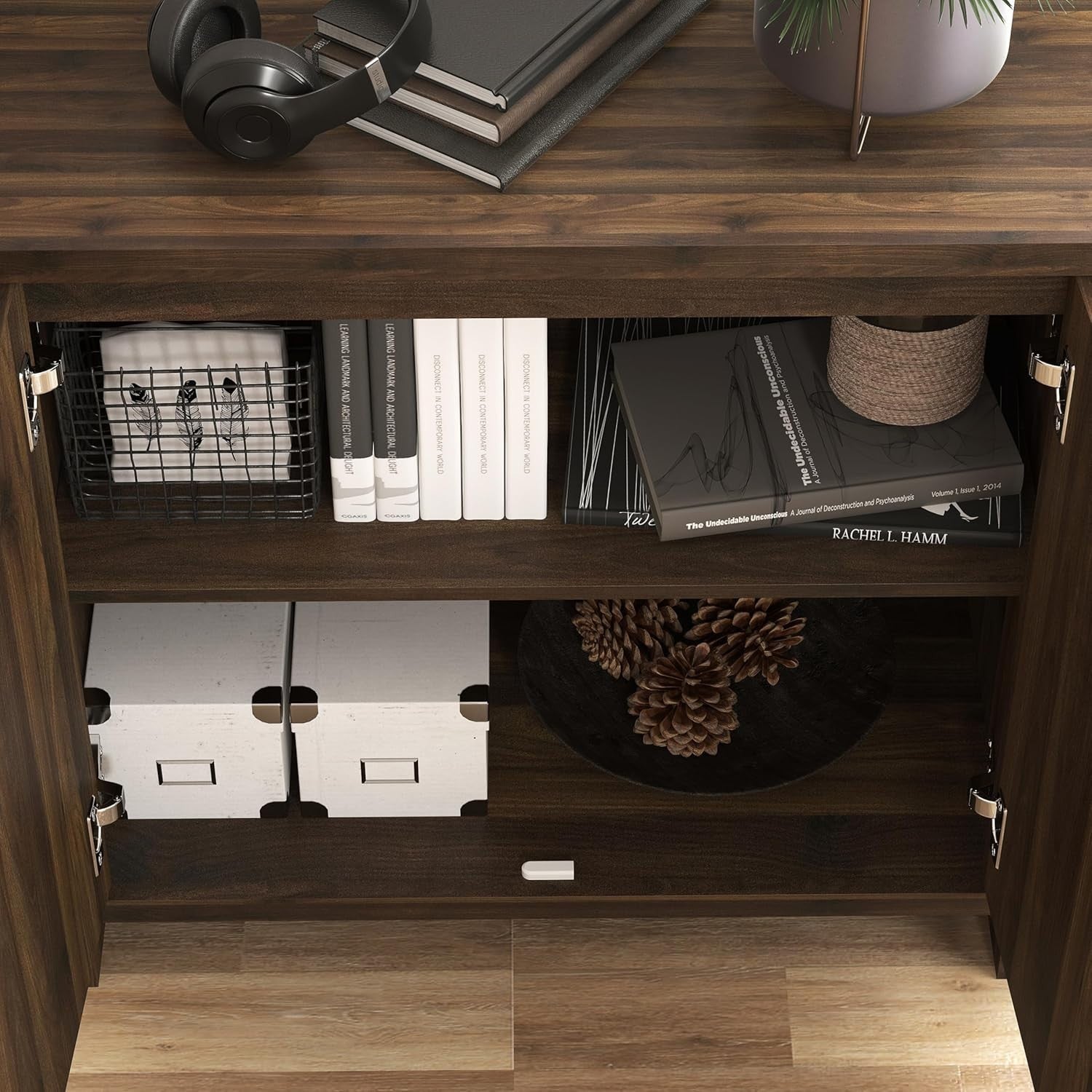 Walnut Mirrored Sideboard Cabinet 2 Door Storage Laser Cut Design