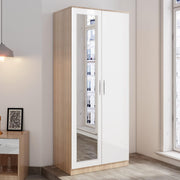 2 Door Mirrored Wardrobe High Gloss White Oak Bedroom Storage Unit