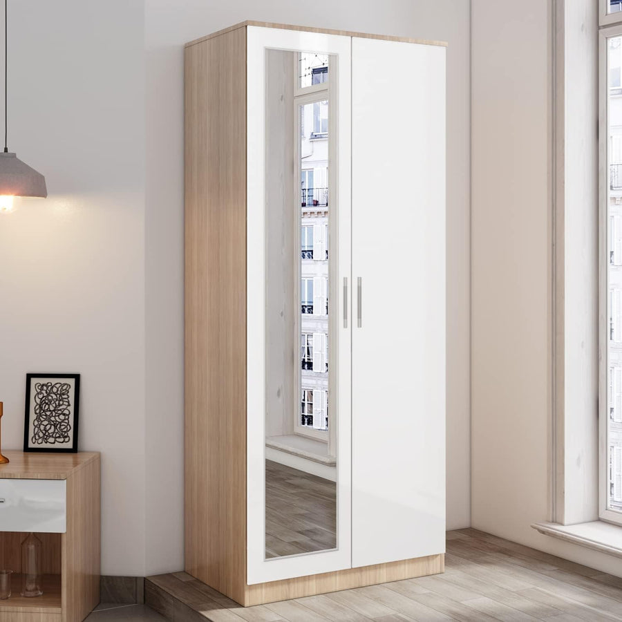 2 Door Mirrored Wardrobe High Gloss White Oak Bedroom Storage Unit