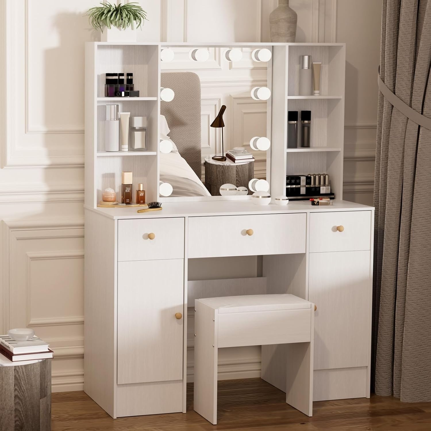 Modern White Vanity Makeup Desk Mirror 3 Drawer Storage Set Dressing Table