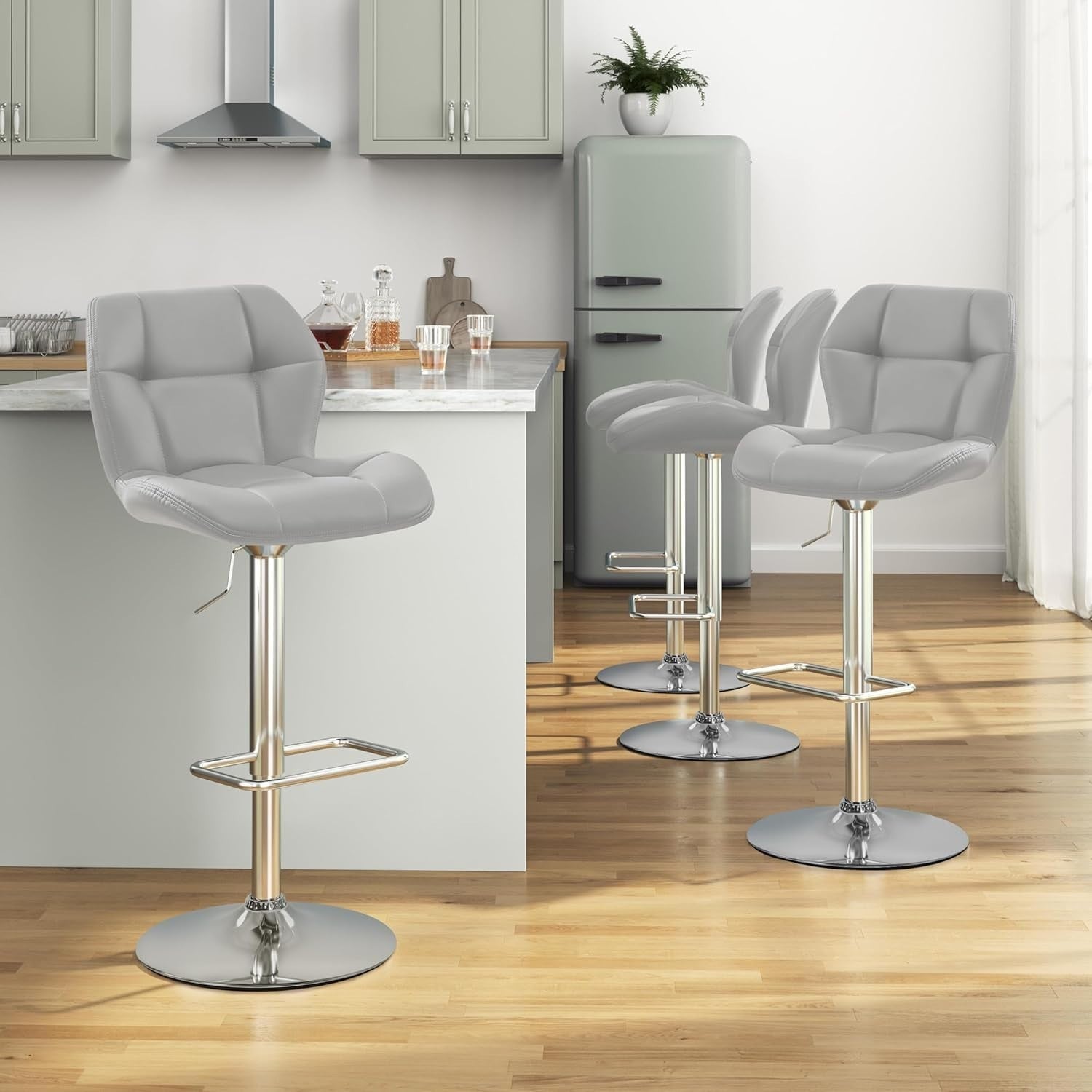 Swivel Bar Stools Set of 4 Light Grey PU Adjustable Counter Chairs