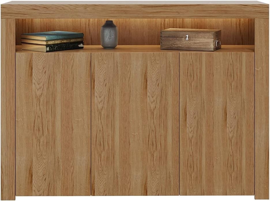 Oak Sideboard Cupboard Unit with 3 Doors, Shelf & LED Light – 130cm Wide