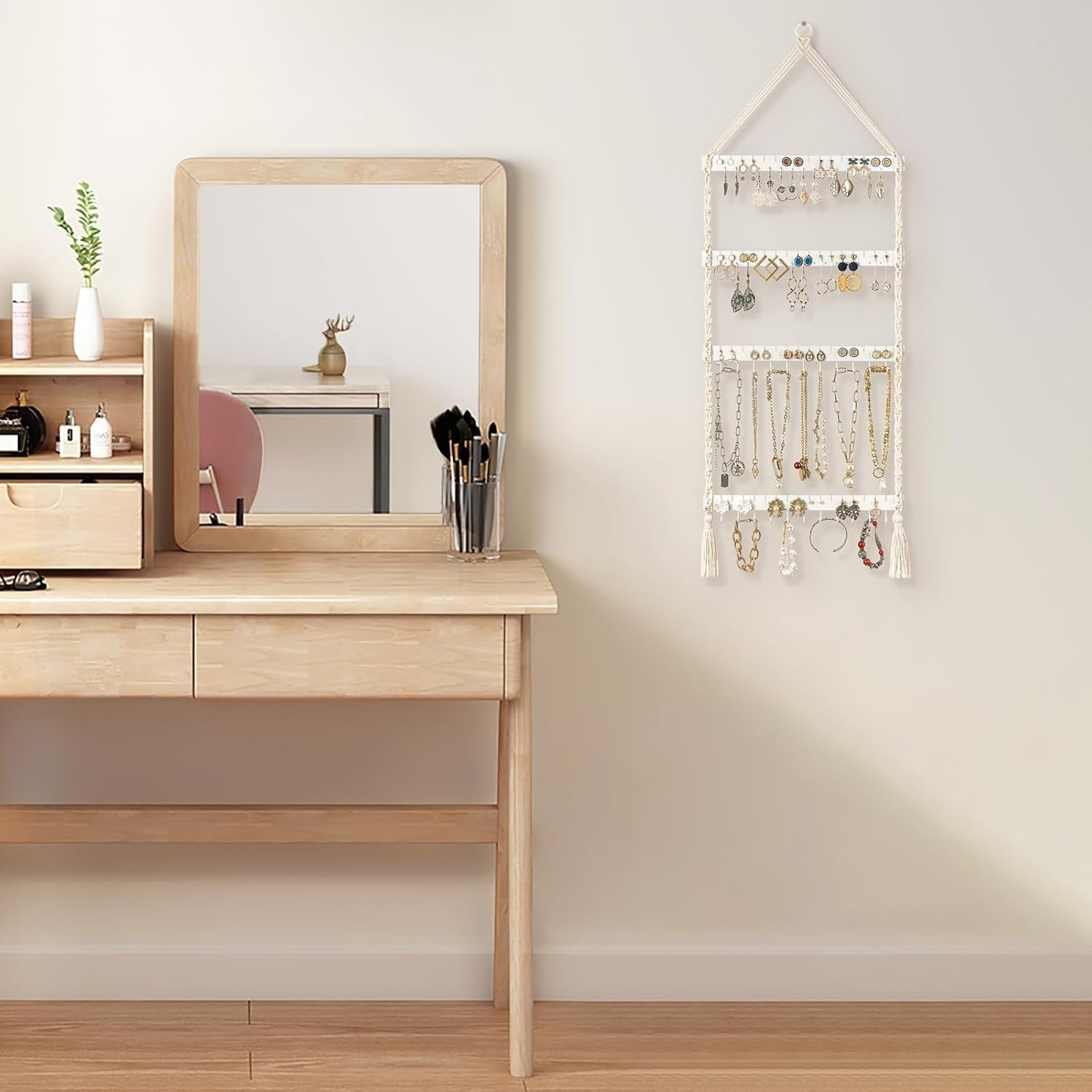 Boho Macrame Jewelry Organizer – Wall Mounted Necklace & Earring Rack