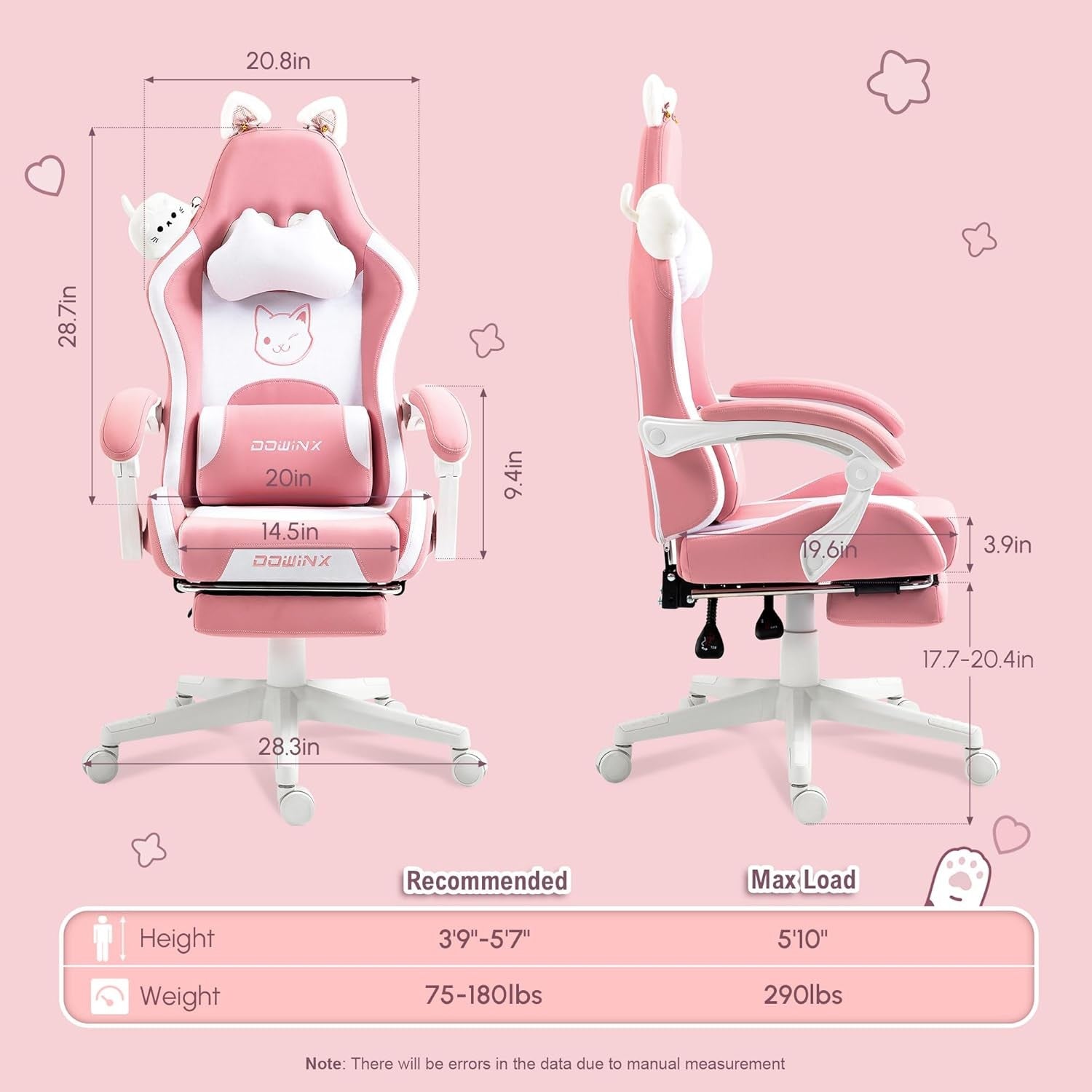 Cute Cat Ear Gaming Chair Massage Lumbar Footrest Pink 290lbs