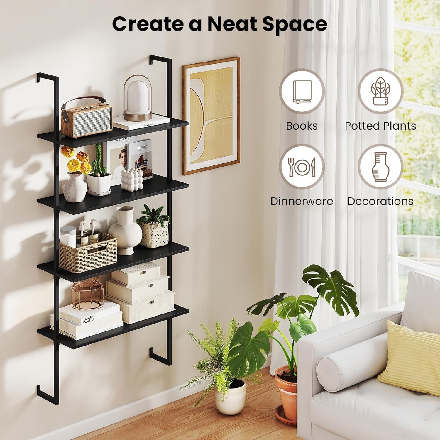 4 Tier Ladder Shelf Wall Mounted Bookcase Metal Frame Storage Rack
