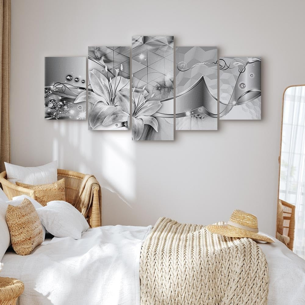 5-Piece Large Abstract Canvas Wall Art Grey Lilies XXL Decor