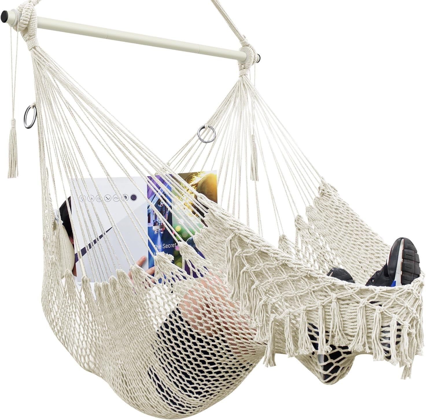 Beige Hammock Chair with Footrest & Cushions – Indoor Outdoor Swing Seat