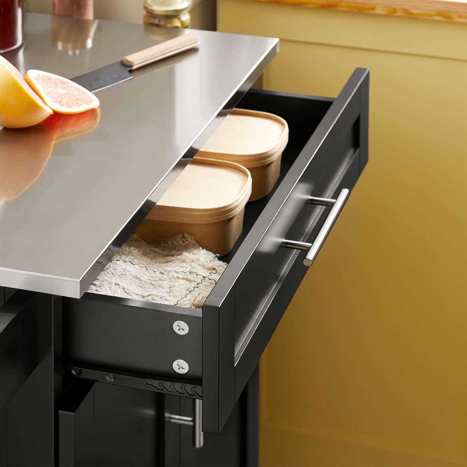 Mobile Kitchen Island Cart with Stainless Steel Top, Storage Drawer & Cabinet