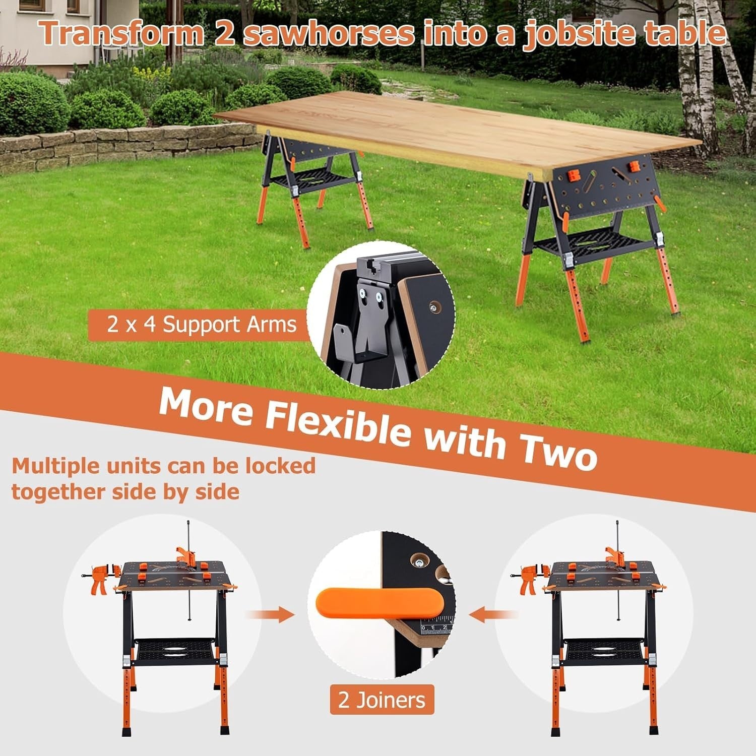 Folding Workbench 70x65cm Adjustable Height Sawhorse 450kg Table Orange