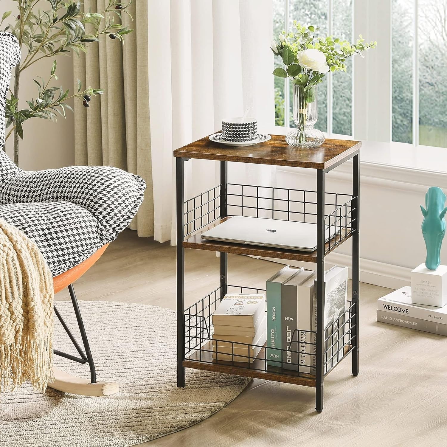 3-Tier Industrial Side Table with Storage Rack | Compact Rustic Brown 40x29x62cm
