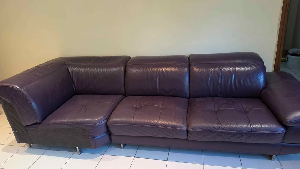 Large Purple Leather Corner Sofa + Footstool (PTP)