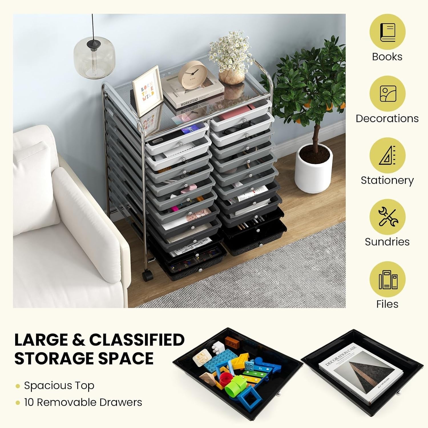 20 Drawer Rolling Storage Trolley Organiser Cart Beauty Office Black
