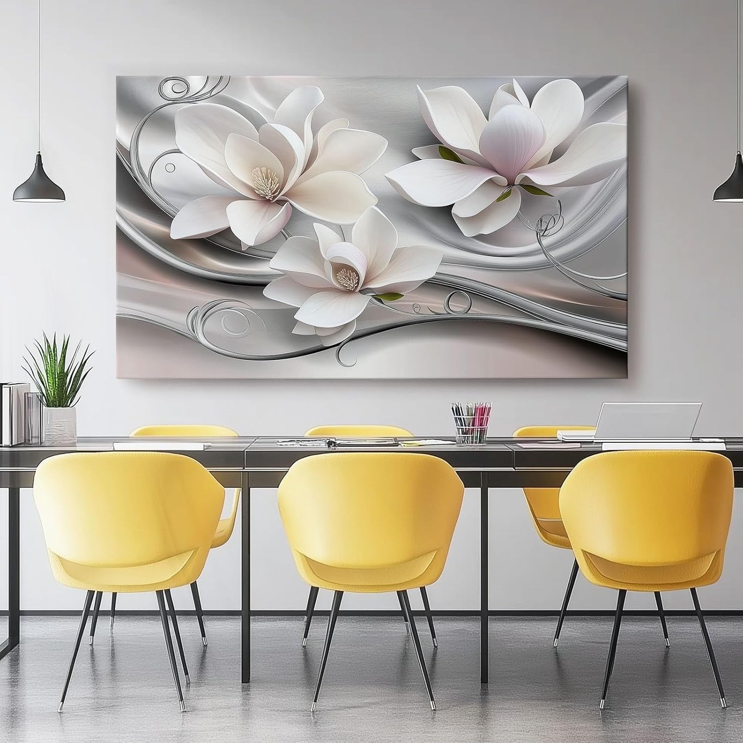 Large White Grey Floral Canvas Wall Art Modern Print 60x40cm