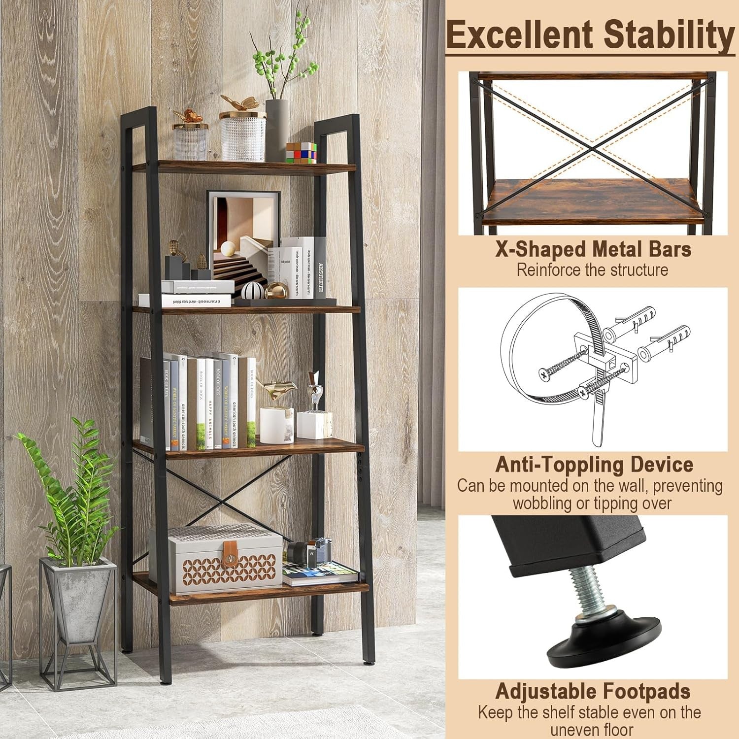 Rustic Brown Industrial Ladder Shelf 4-Tier Freestanding Storage Rack