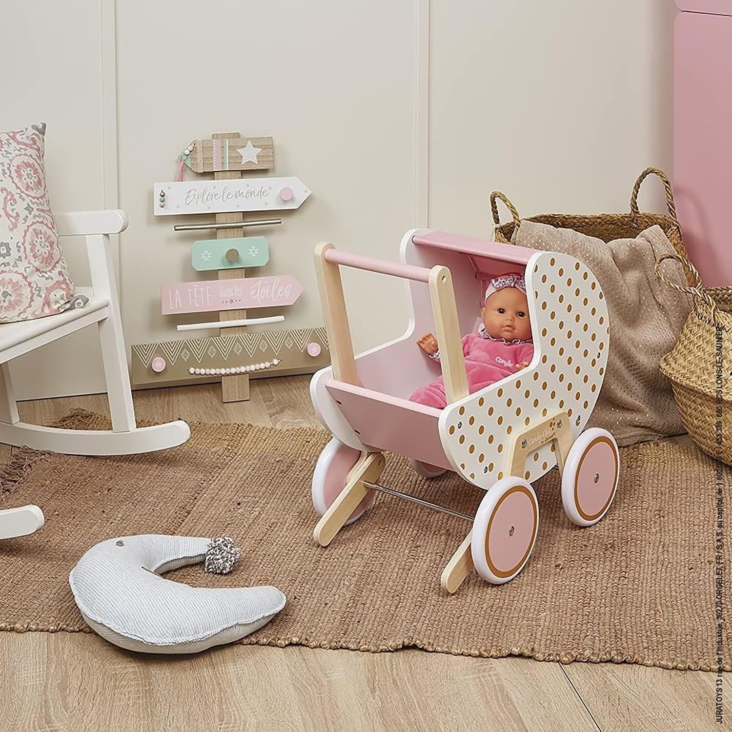 Wooden Candy Chic Doll Pram Pink/White with Pillow & Blanket Quiet Rubber Wheels