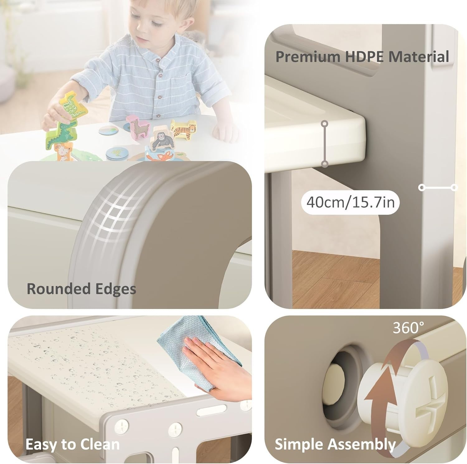 Montessori Kids Table & 2 Chairs Set, Grey Plastic Activity Desk & Stools
