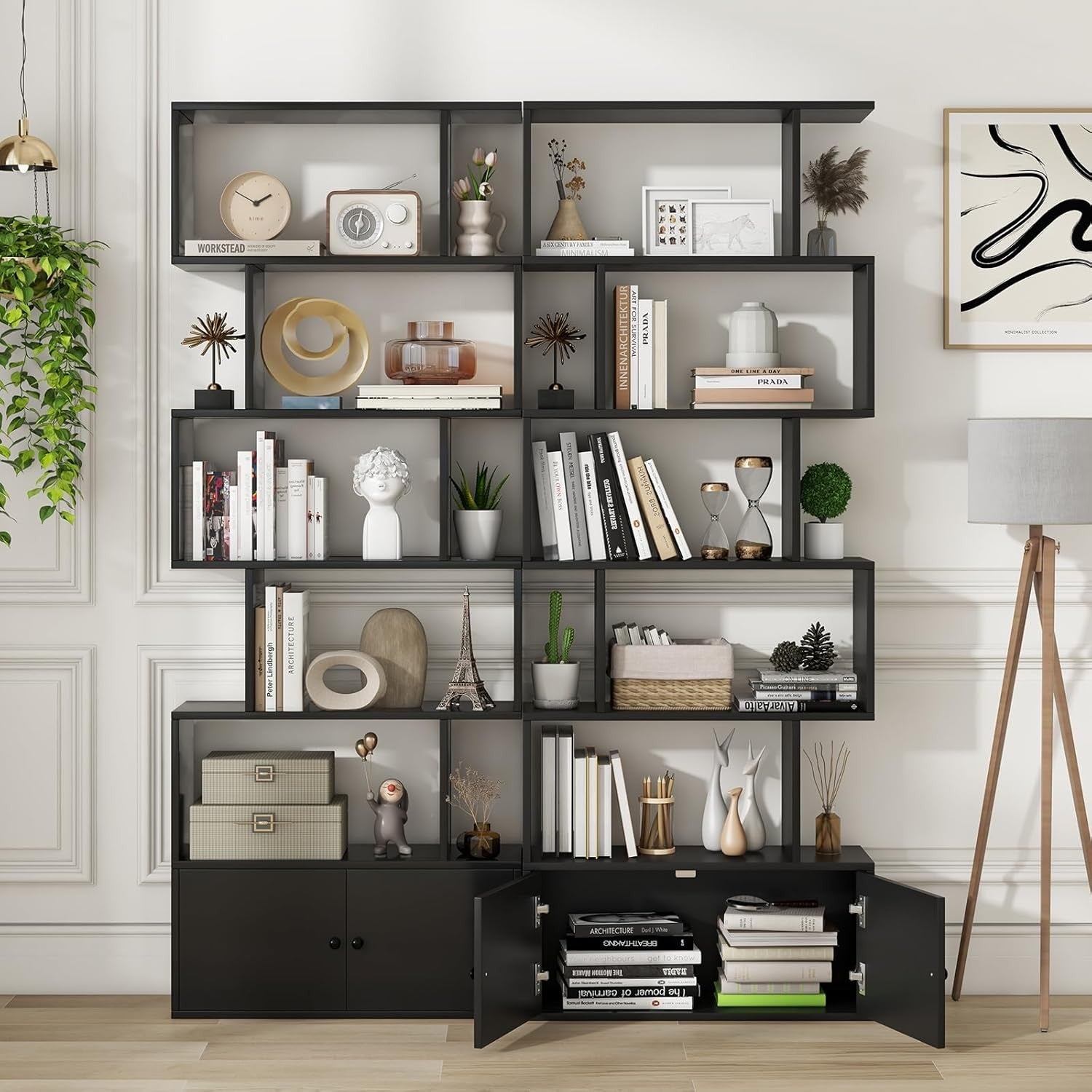 Black S-Shaped 6 Tier Bookcase Tall Freestanding Storage Shelf with Cabinet