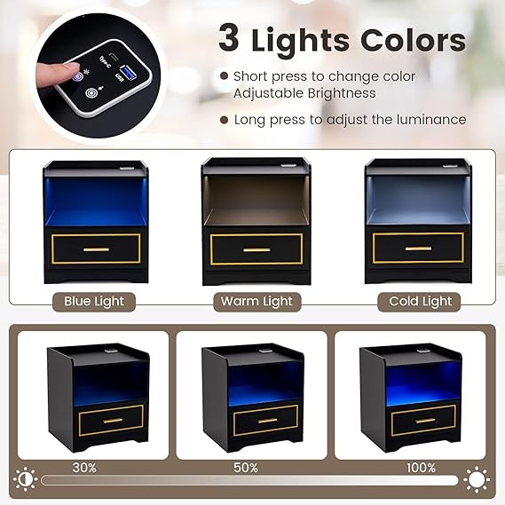 Black LED Bedside Table with Wireless Charging, Drawer & Open Shelf Storage