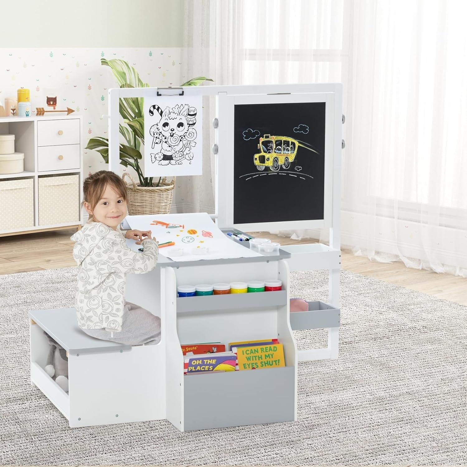 Kids 3 in 1 Art Table and Bench Set with Easel Bookshelf Grey White