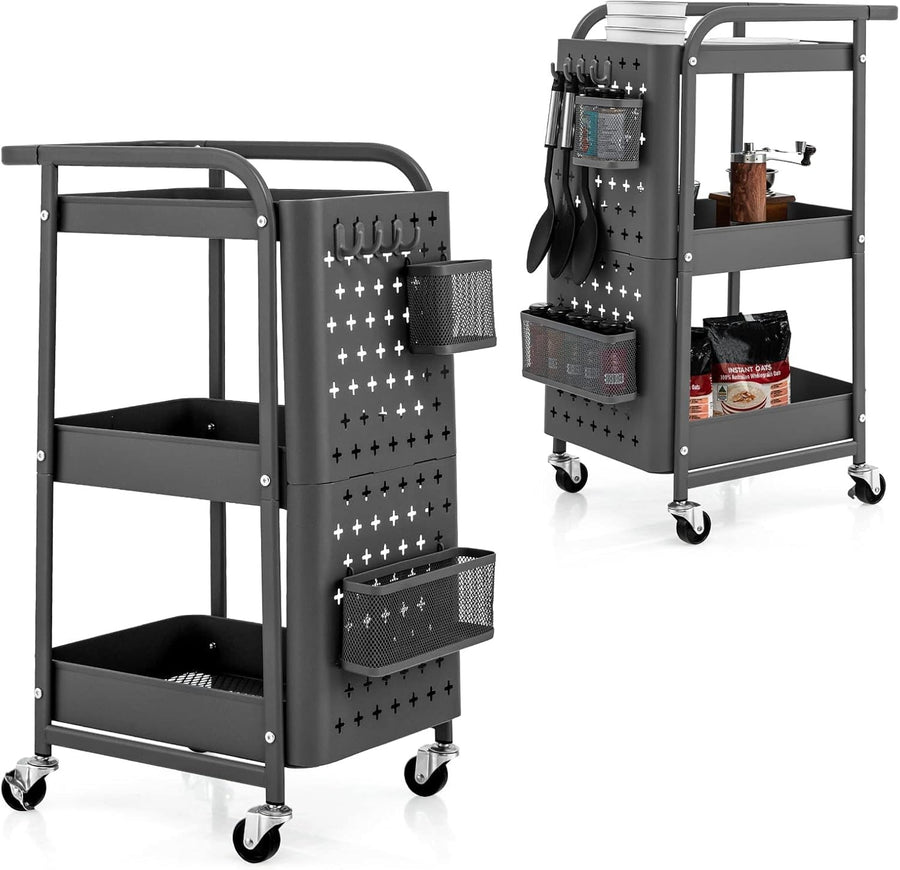 3 Tier Rolling Utility Cart Metal Storage Trolley Pegboard Organizer Grey