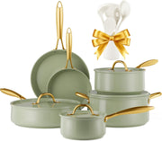 16Pcs Green Ceramic Non Stick Cookware Set with Lids & Utensils Induction Safe