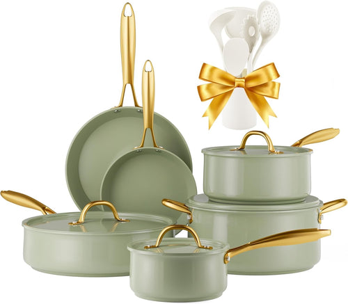 16Pcs Green Ceramic Non Stick Cookware Set with Lids & Utensils Induction Safe