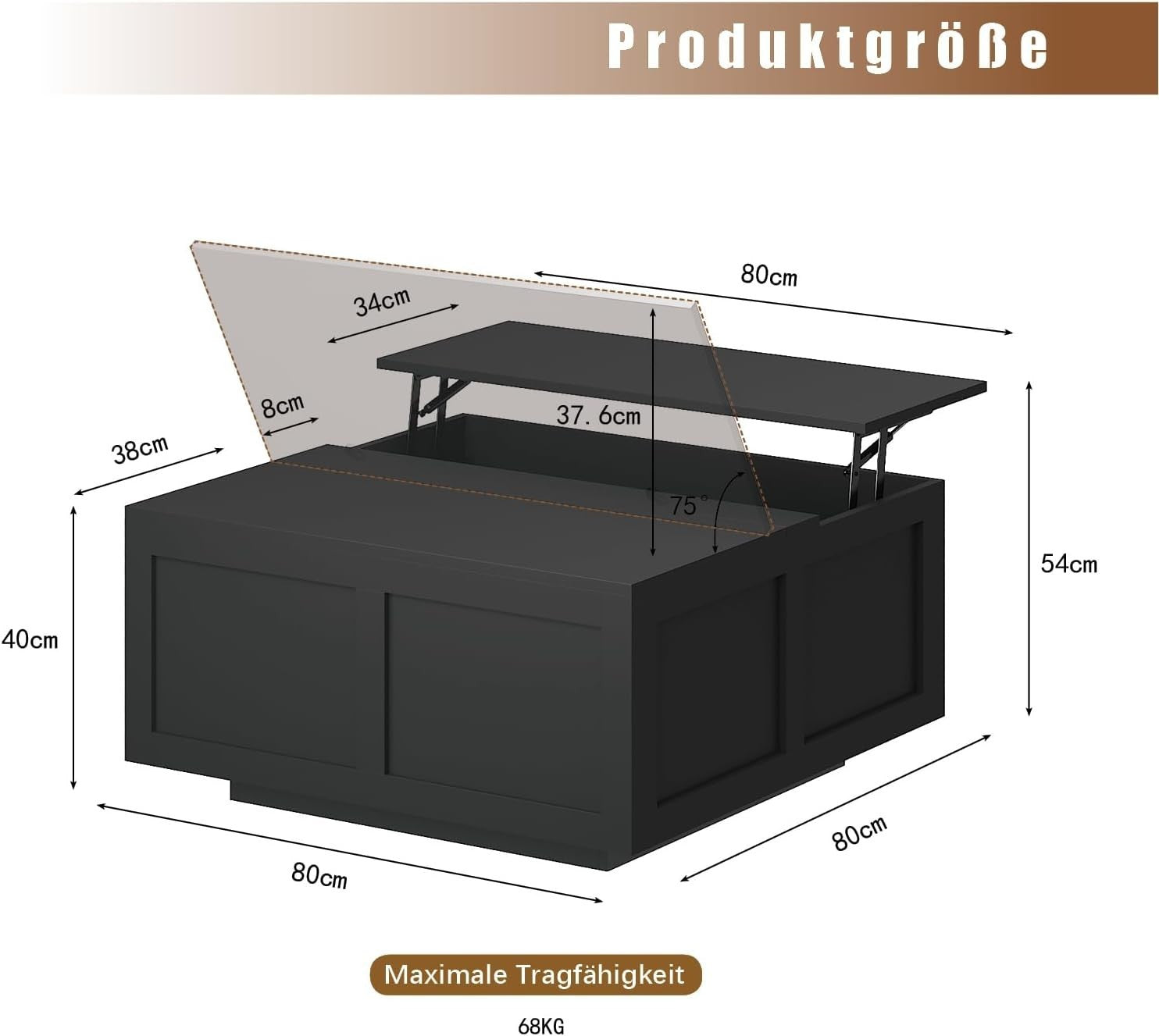 Lift Top Coffee Table with Storage, Hydraulic Lift, Hidden Compartments, Black