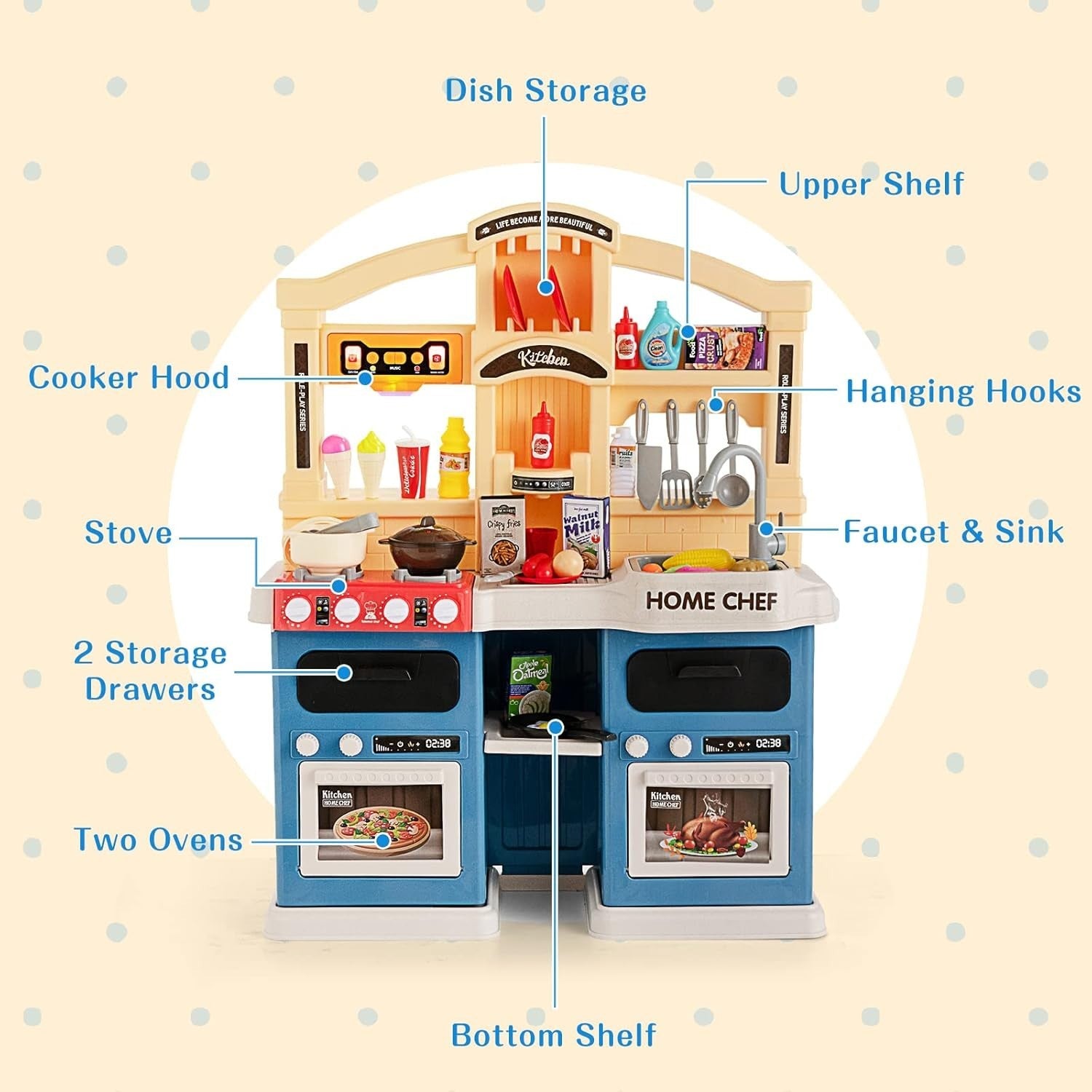 Kids Kitchen Playset w/ 69PCS Lights Sounds Steam Spray Blue