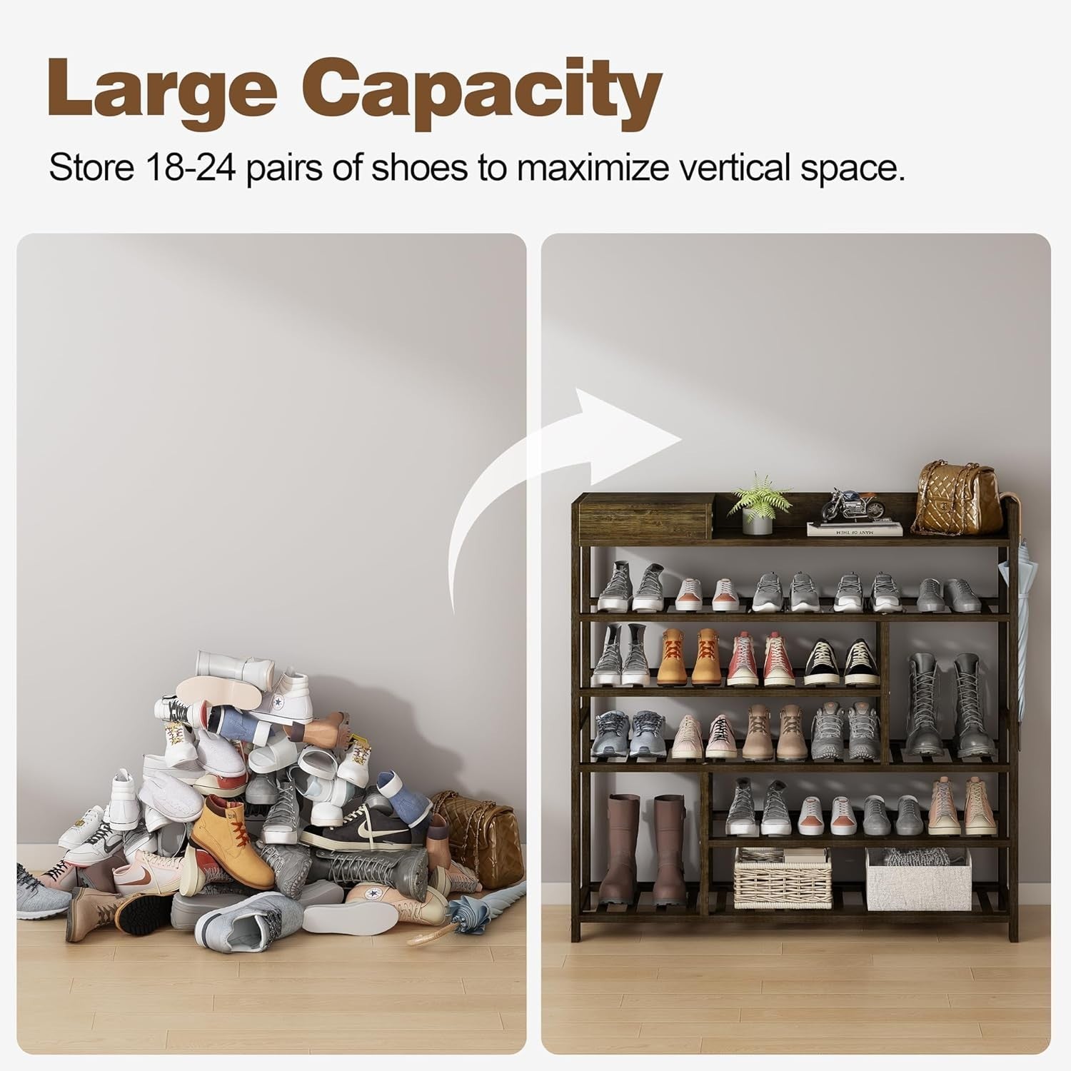 6 Tier Bamboo Shoe Rack Storage Shelf – Tall Tea Brown Entryway Unit
